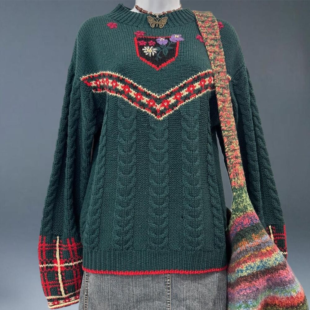 Vintage Tanner Sport Fair Isle Cable Knit Wool Sweater Embroidered S Cottagecore
